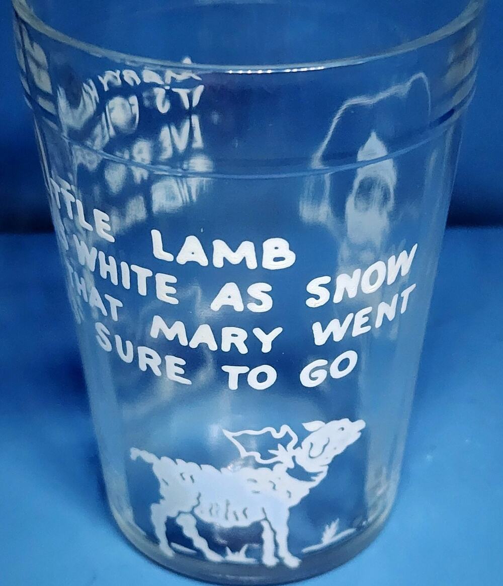 Mary Had A Little Lamb Hazel Atlas Juice Glass White On Clear Glass 4 Inch VTG
